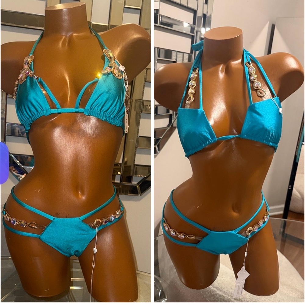 NWT CRUSH 3 piece Turquoise Jeweled Triangle Bikini Set